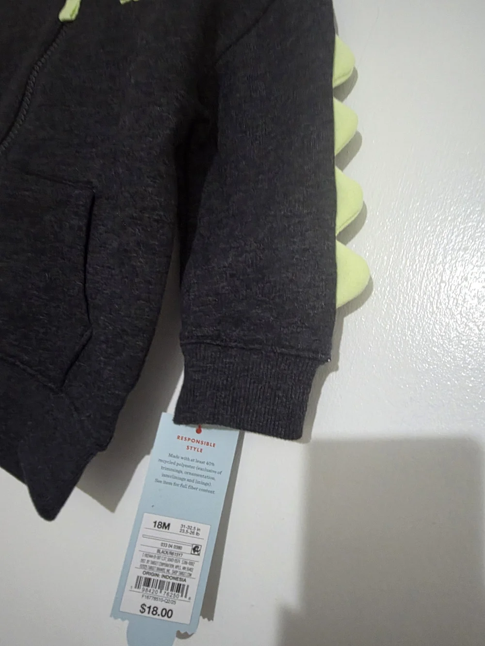 Kids Dark Gray Zip Hoodie with Neon Green Dino Accent